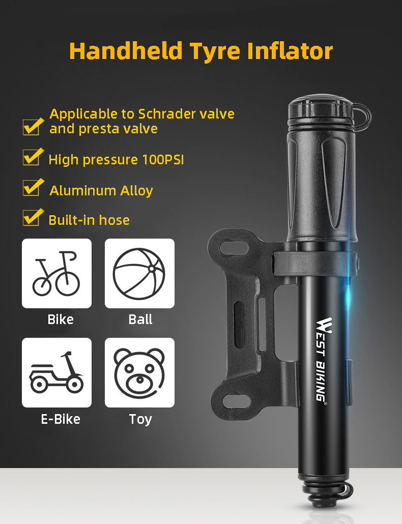 HOTEBIKE Mini Portátil Inflador de Alta Presión para Bicicleta – 100 PSI, Cuerpo de Aluminio, Válvula Universal, Manguera Integrada - HOTEBIKE - 1
